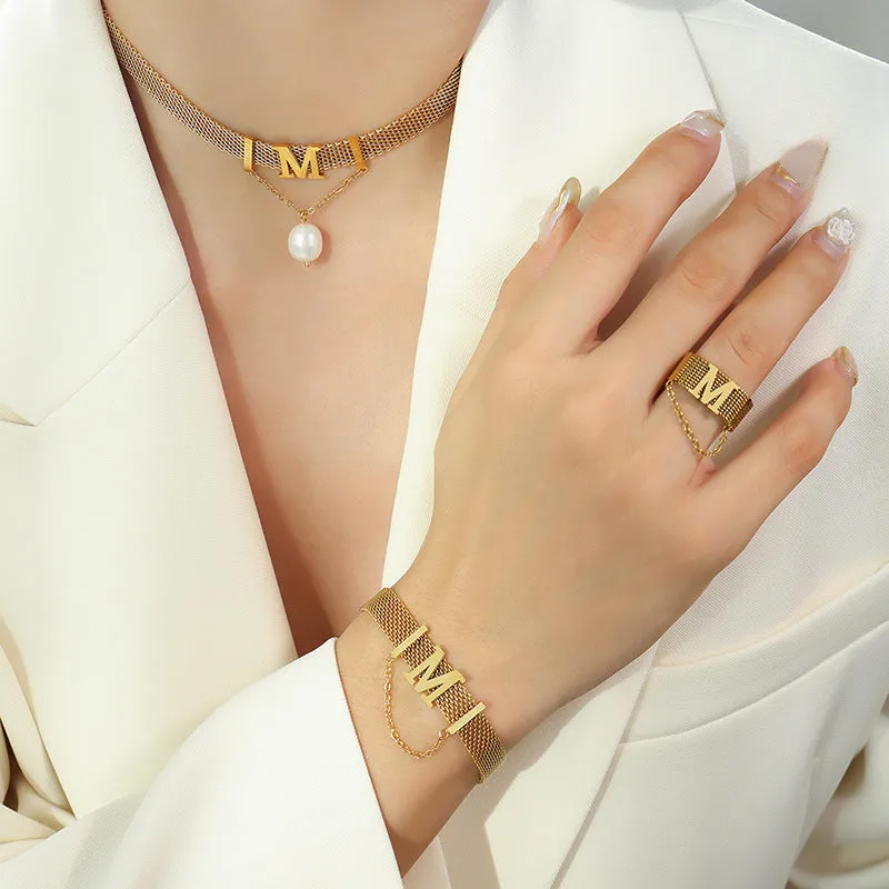 Letter M Pearl Pendant Wide Flat Necklace and Bracelet Set