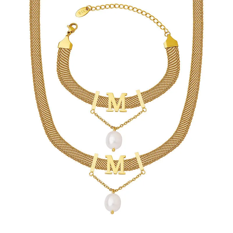 Letter M Pearl Pendant Wide Flat Necklace and Bracelet Set