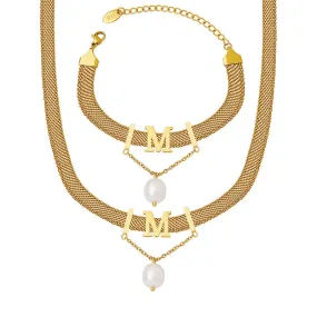Letter M Pearl Pendant Wide Flat Necklace and Bracelet Set