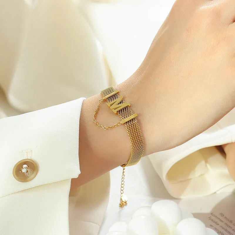 Letter M Pearl Pendant Wide Flat Necklace and Bracelet Set