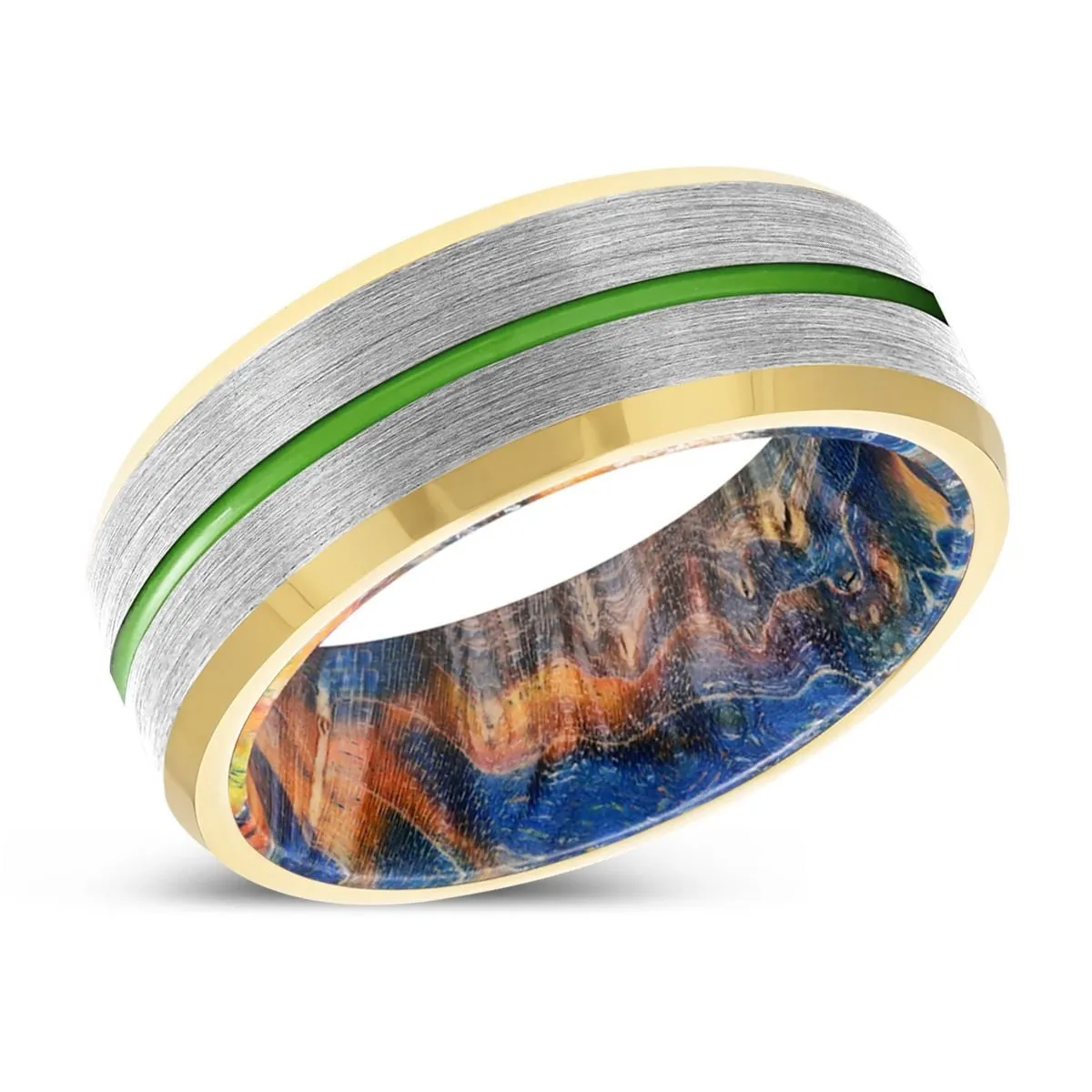 LODICO | Blue & Yellow/Orange Wood, Silver Tungsten Ring, Green Groove, Gold Beveled Edge