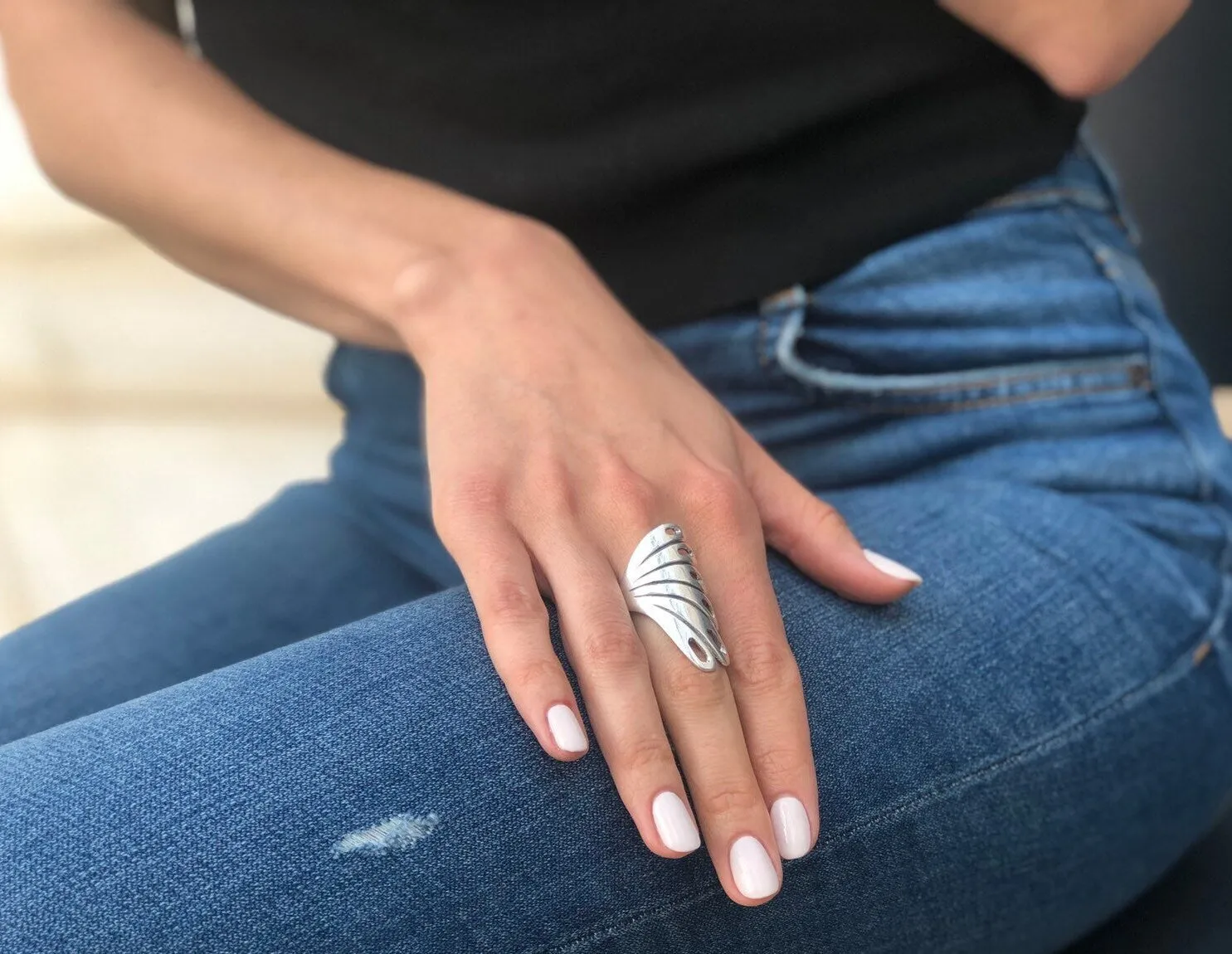 Long Silver Ring - Peacock Ring, Leaf Statement Ring