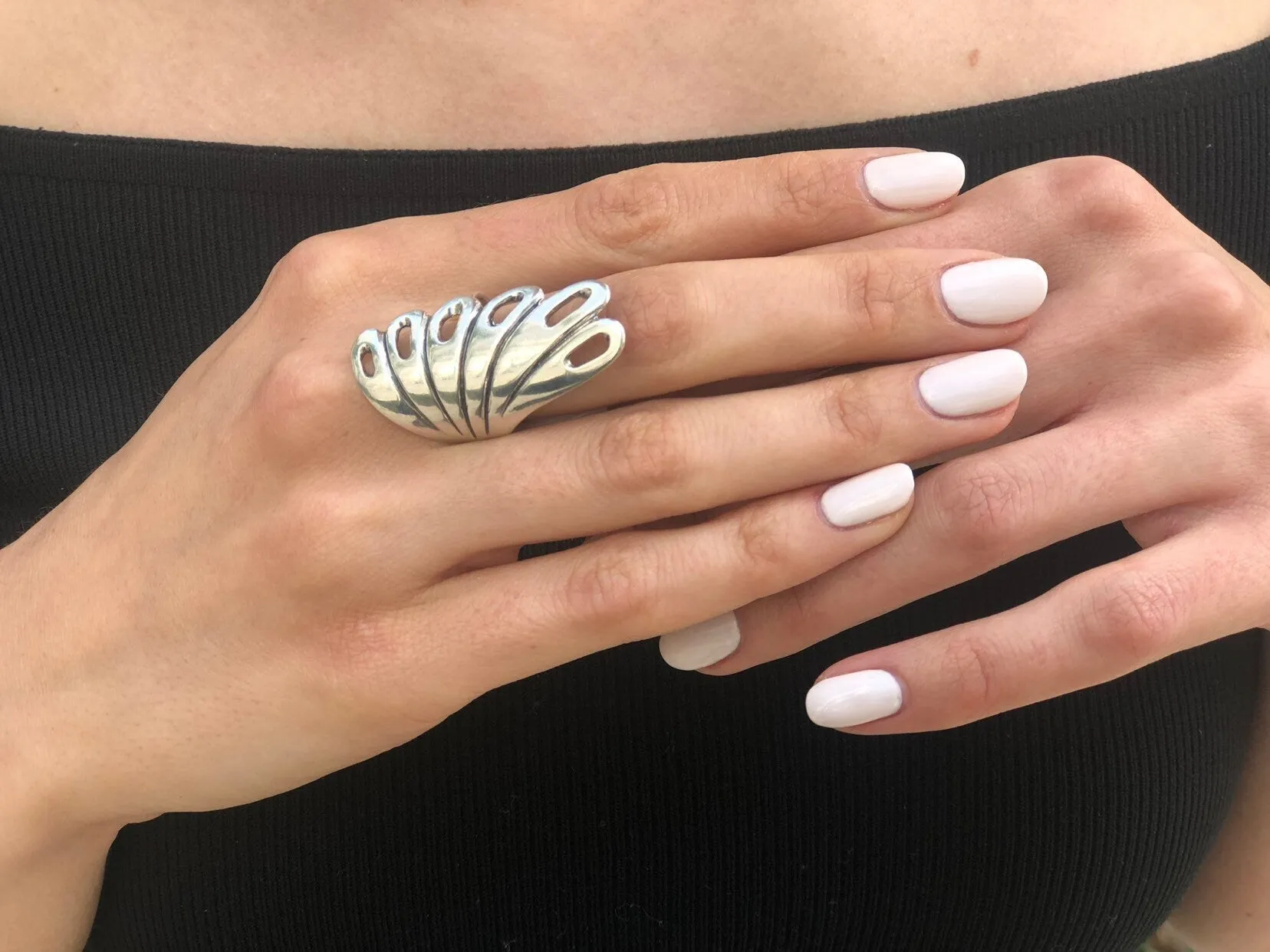 Long Silver Ring - Peacock Ring, Leaf Statement Ring