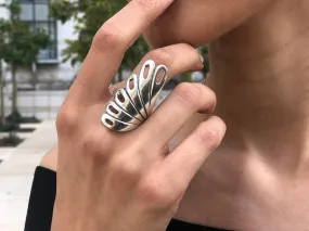 Long Silver Ring - Peacock Ring, Leaf Statement Ring