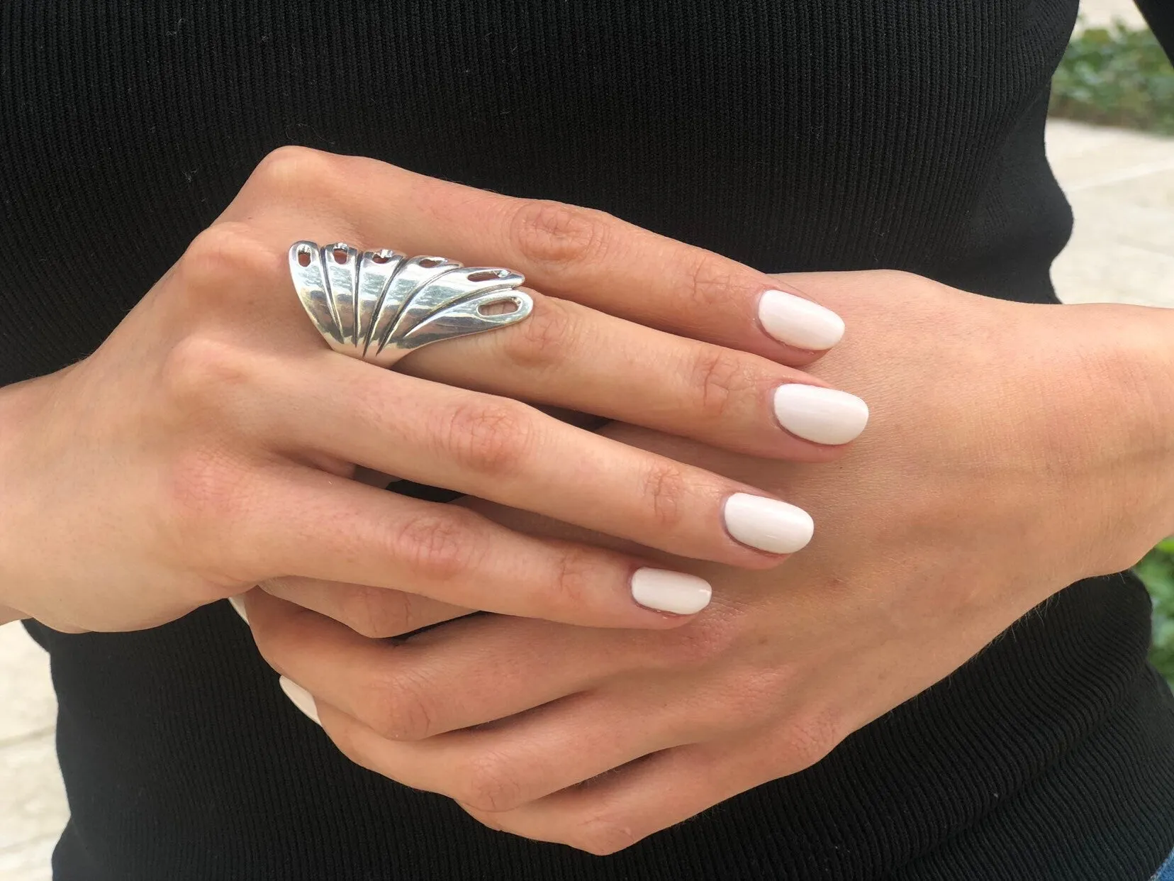 Long Silver Ring - Peacock Ring, Leaf Statement Ring