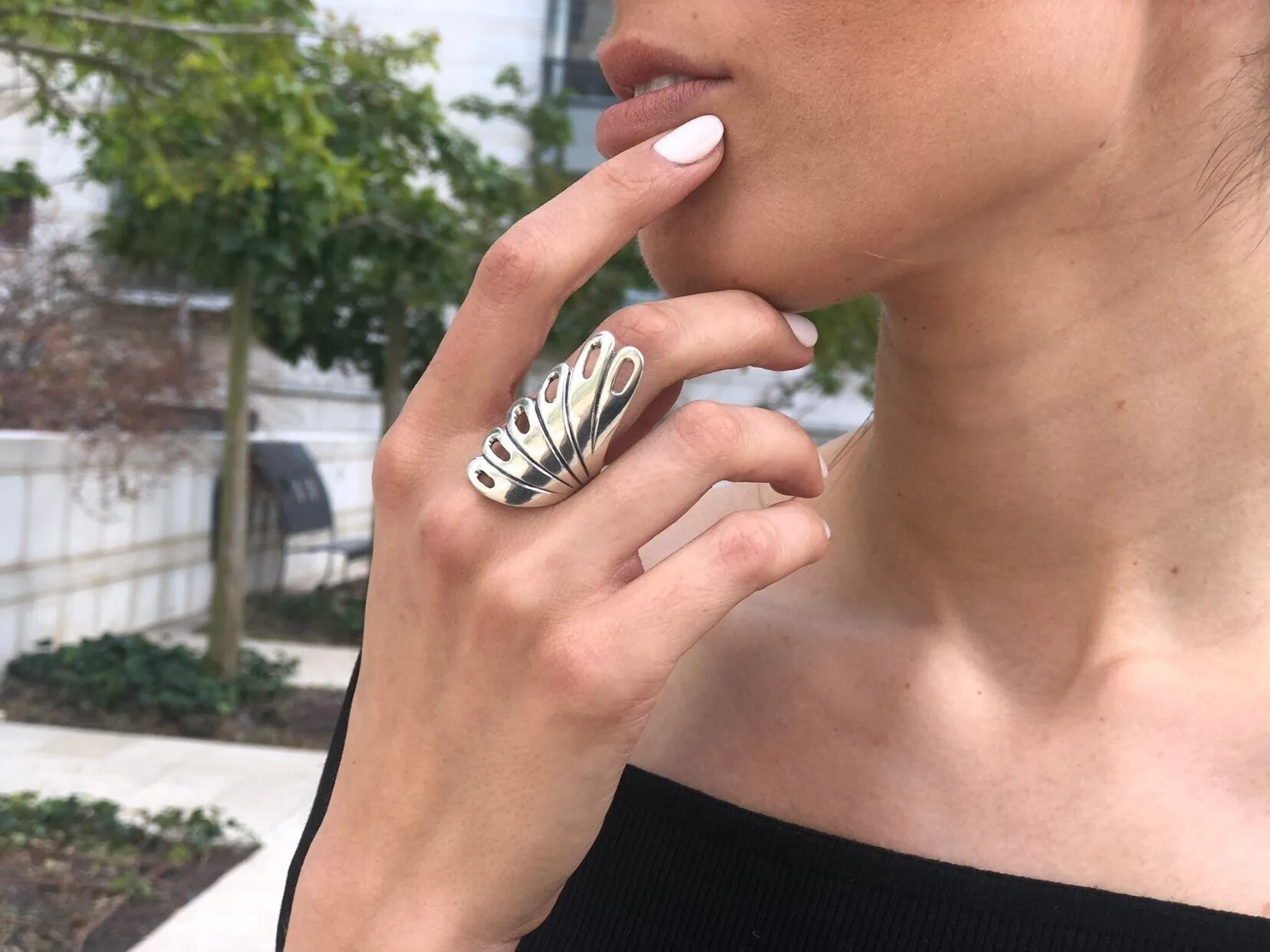 Long Silver Ring - Peacock Ring, Leaf Statement Ring