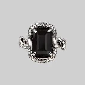 MALICE. Black Spinel Coiled Snake Cocktail Ring - Silver