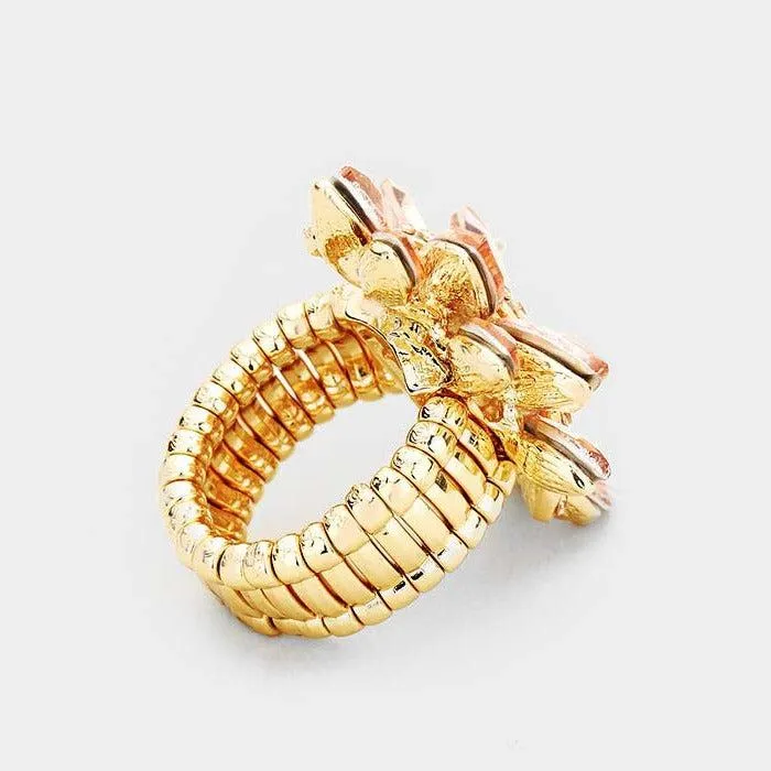 Marquise Peach Crystal Cluster Gold Stretch Ring