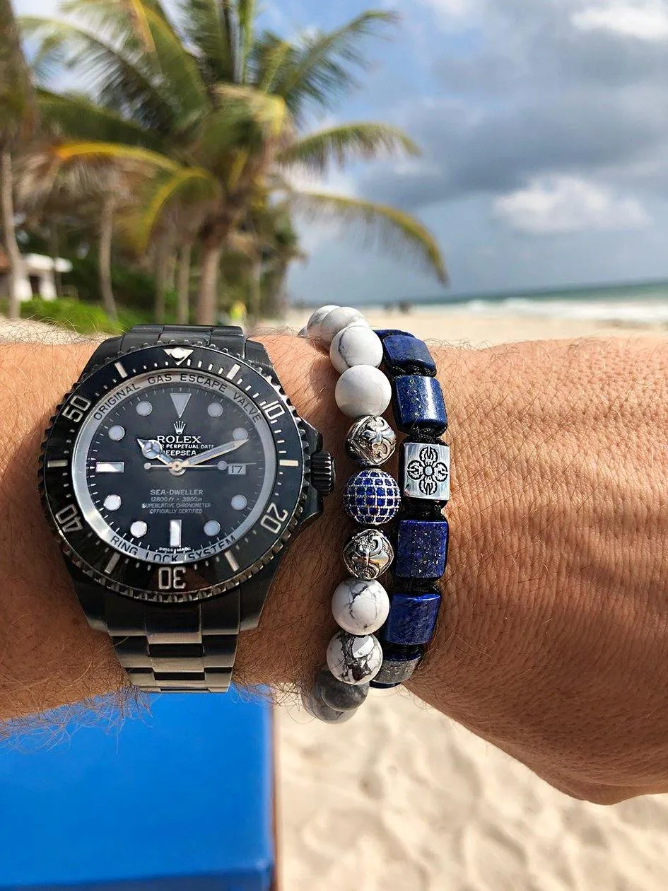 Men's Beaded Bracelet with Howlite, Silver and Blue CZ Diamond
