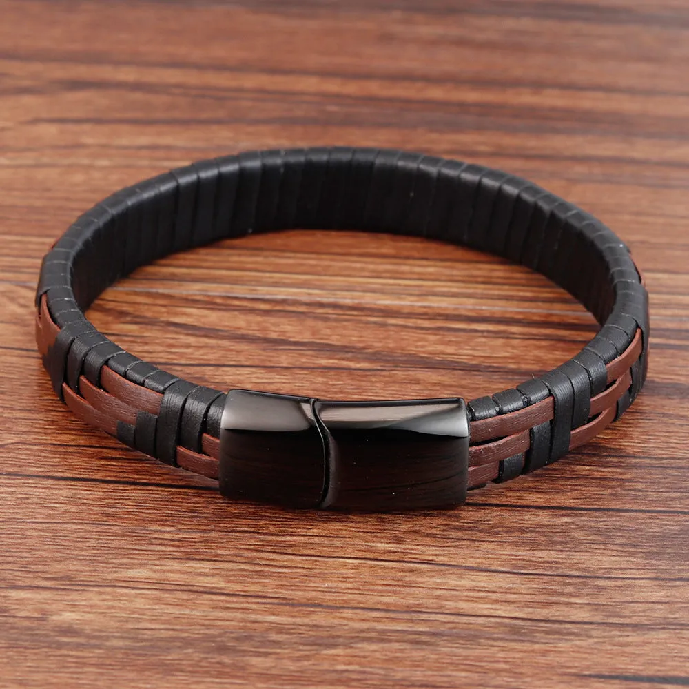 Men's Handmade Stainless Steel Bracelet 316L Black Genuine Leather Leather Bracelet Magnet Clasp Vintage Jewelry