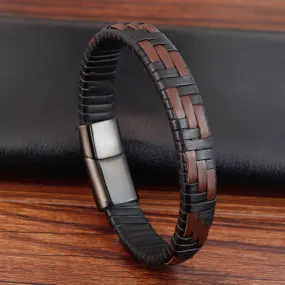 Men's Handmade Stainless Steel Bracelet 316L Black Genuine Leather Leather Bracelet Magnet Clasp Vintage Jewelry