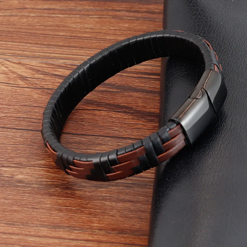Men's Handmade Stainless Steel Bracelet 316L Black Genuine Leather Leather Bracelet Magnet Clasp Vintage Jewelry