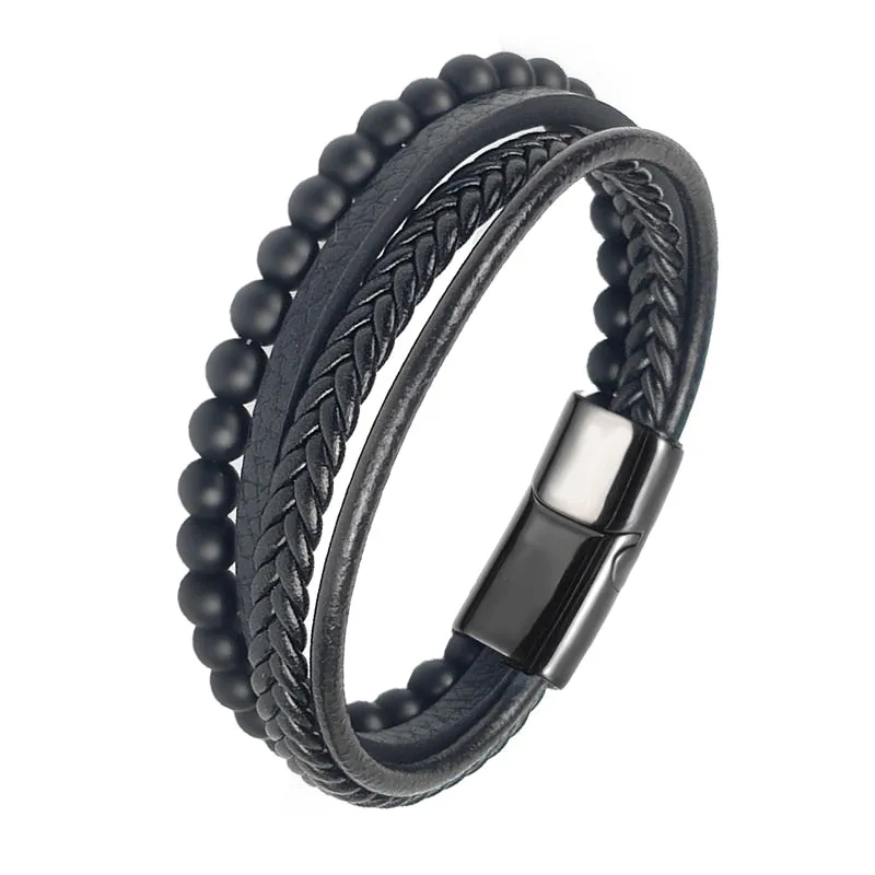 MINGAO Men's Natural Stone Multi-Layer Leather Bracelet