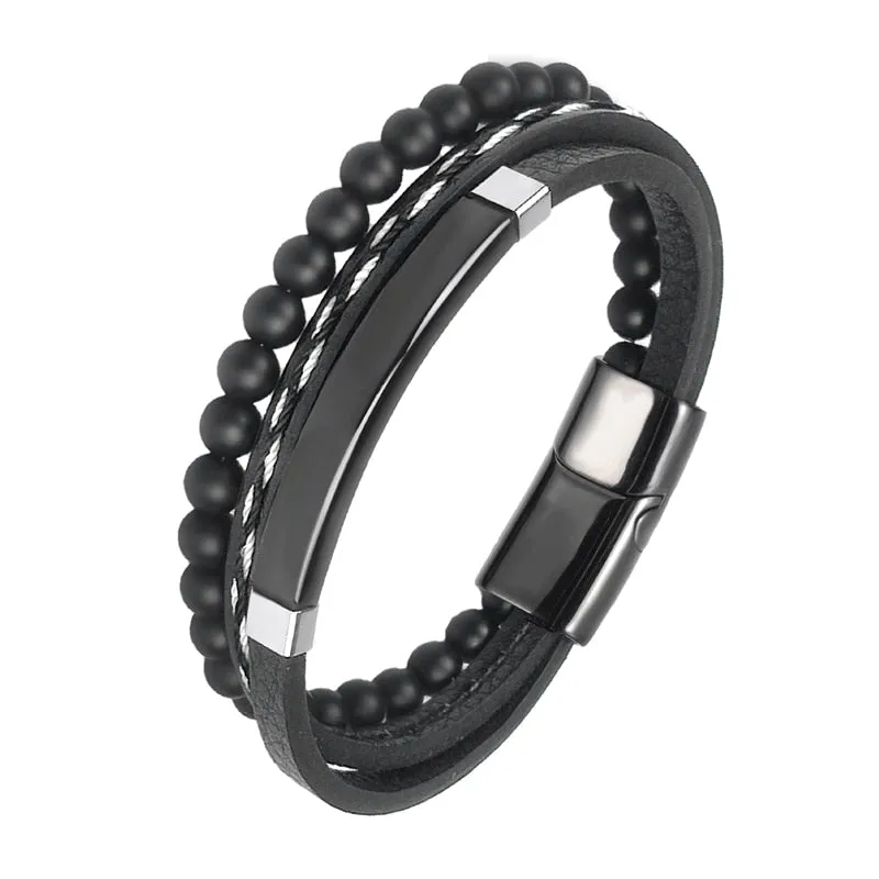 MINGAO Men's Natural Stone Multi-Layer Leather Bracelet