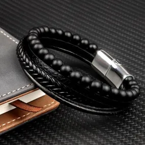 MINGAO Men's Natural Stone Multi-Layer Leather Bracelet
