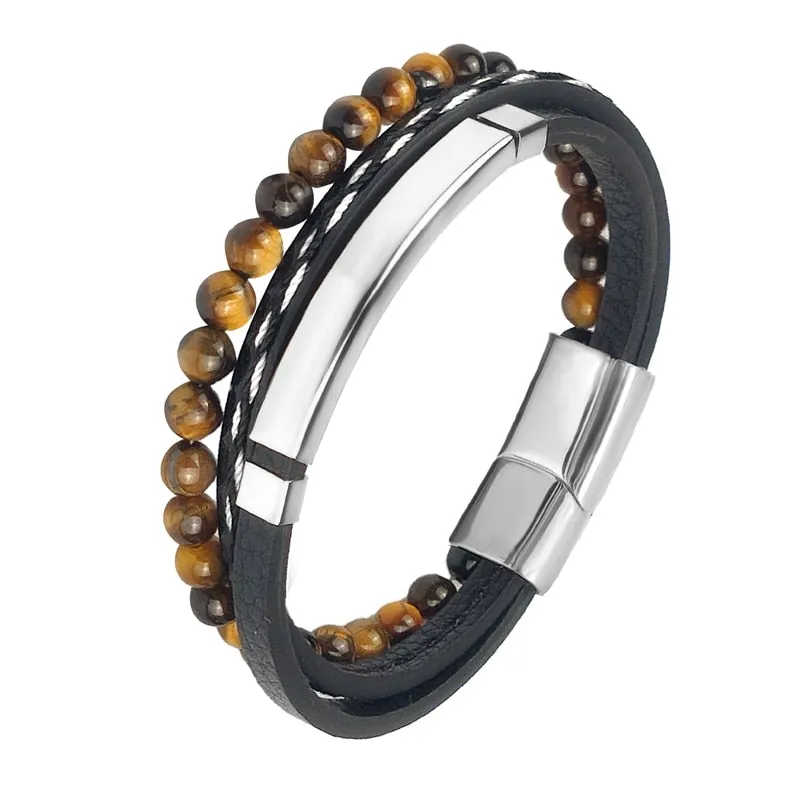MINGAO Men's Natural Stone Multi-Layer Leather Bracelet