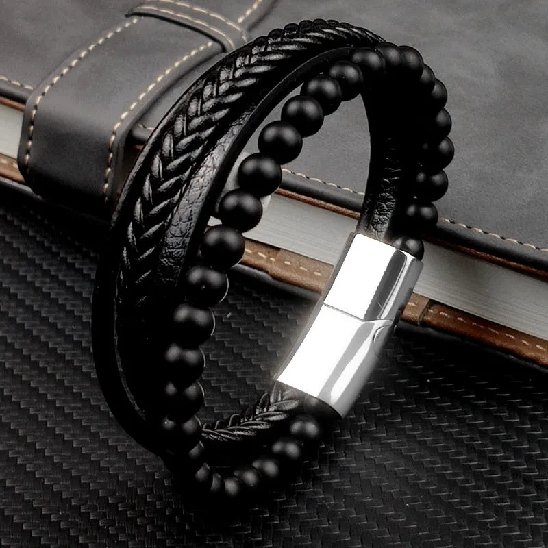 MINGAO Men's Natural Stone Multi-Layer Leather Bracelet