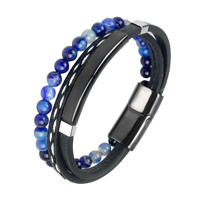 MINGAO Men's Natural Stone Multi-Layer Leather Bracelet