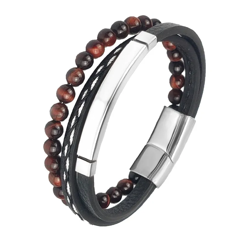 MINGAO Men's Natural Stone Multi-Layer Leather Bracelet