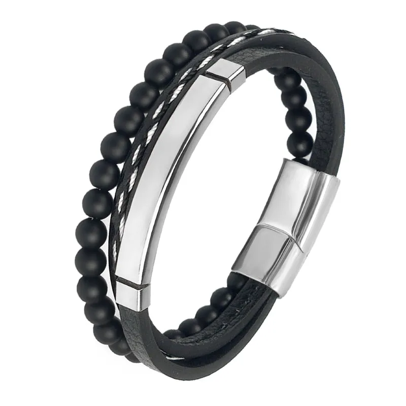 MINGAO Men's Natural Stone Multi-Layer Leather Bracelet