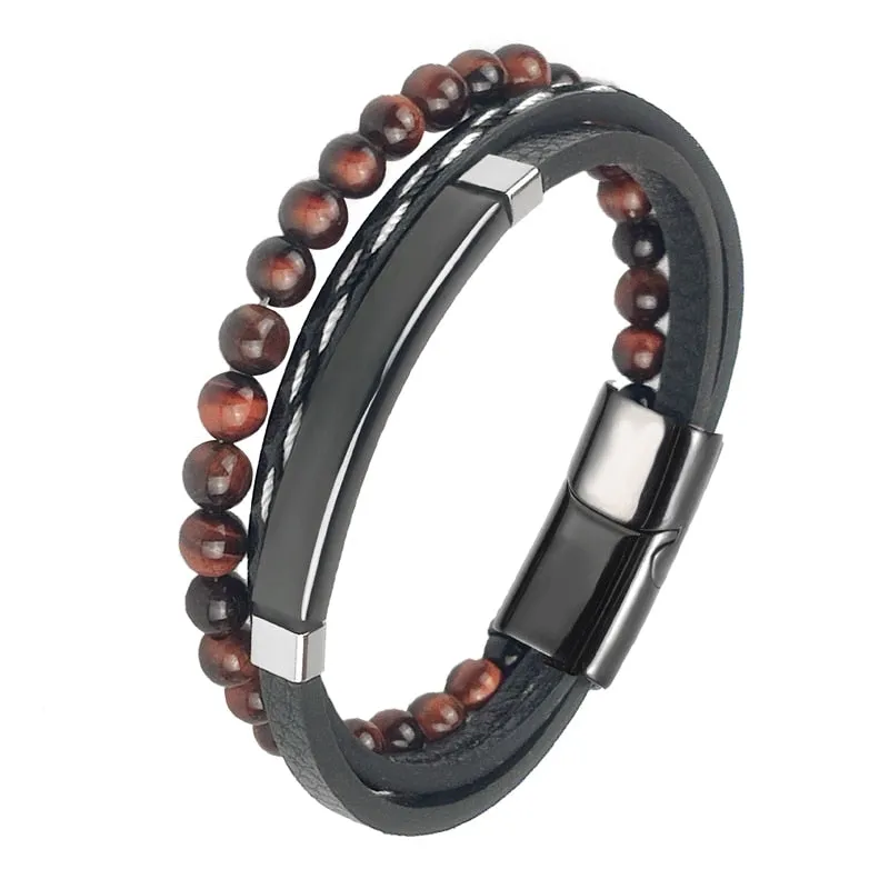 MINGAO Men's Natural Stone Multi-Layer Leather Bracelet