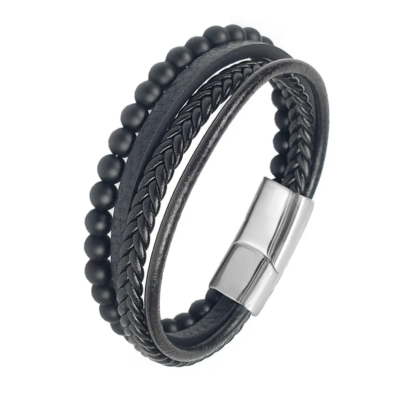 MINGAO Men's Natural Stone Multi-Layer Leather Bracelet