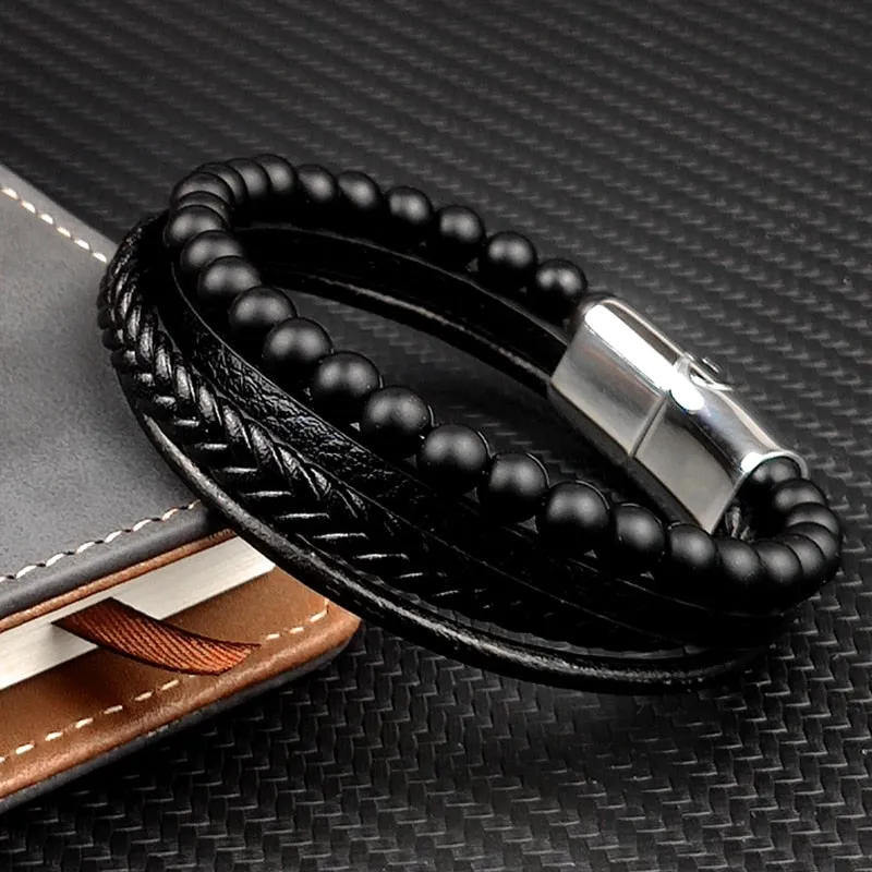 MINGAO Men's Natural Stone Multi-Layer Leather Bracelet
