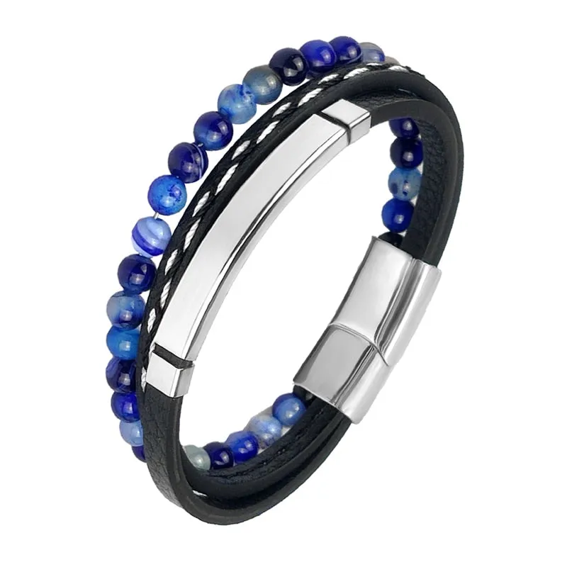 MINGAO Men's Natural Stone Multi-Layer Leather Bracelet