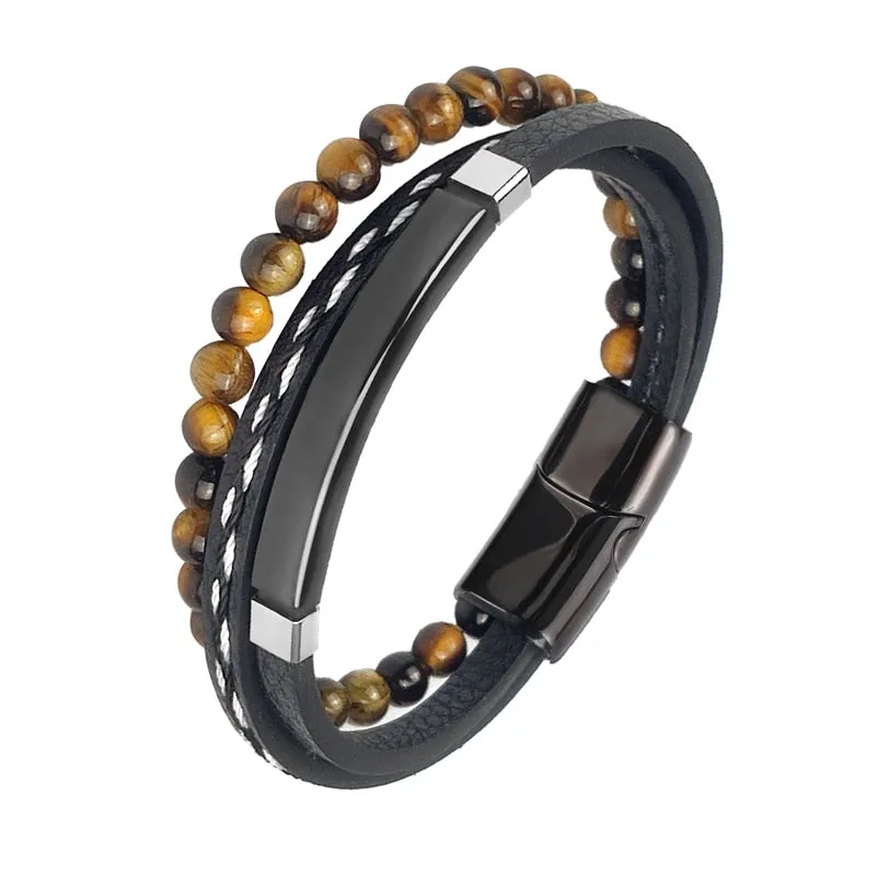 MINGAO Men's Natural Stone Multi-Layer Leather Bracelet