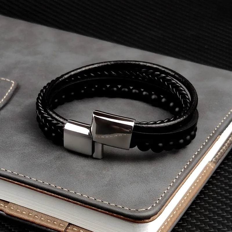 MINGAO Men's Natural Stone Multi-Layer Leather Bracelet