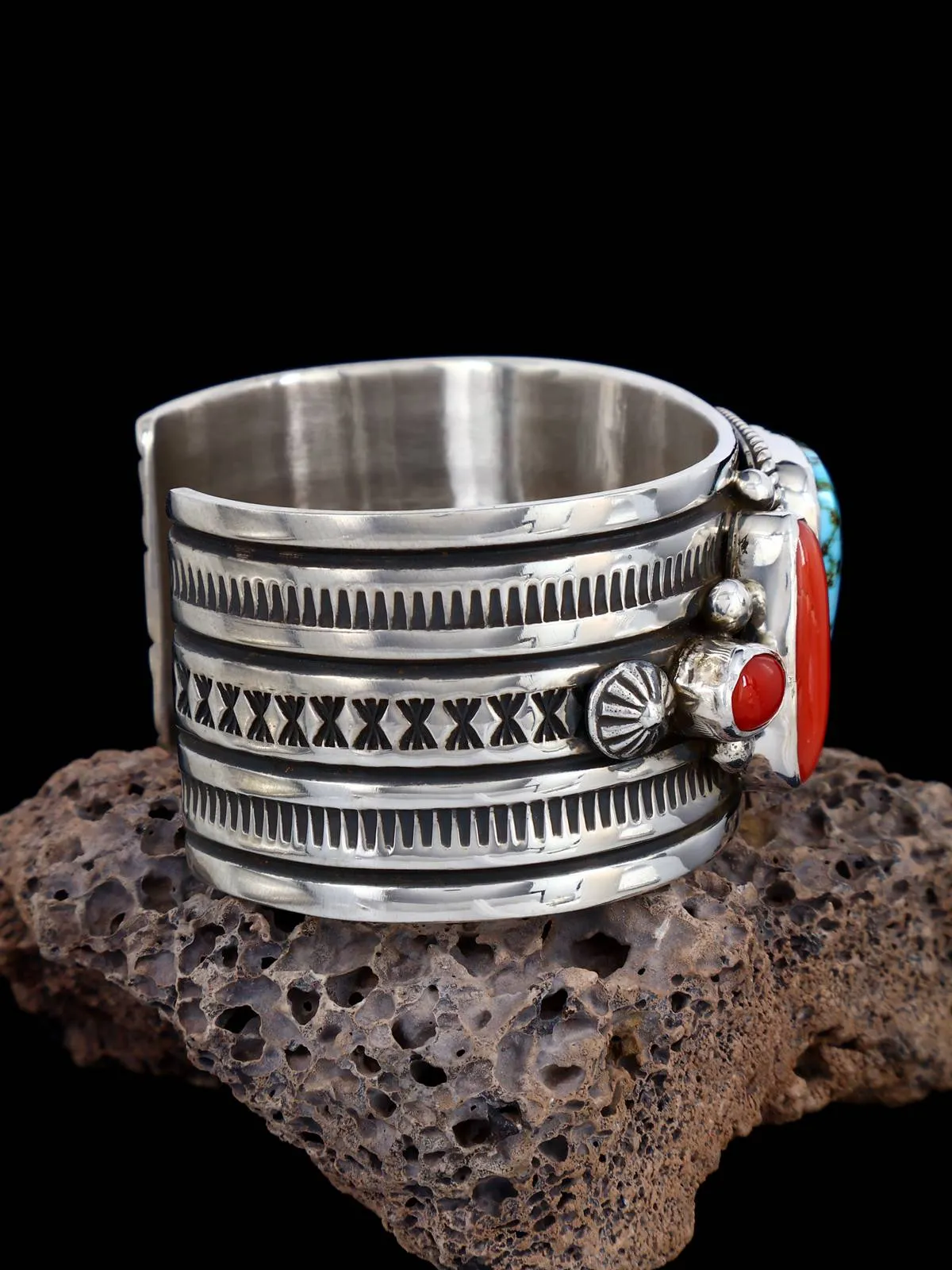 Native American Jewelry Coral and Kingman Turquoise Bracelet