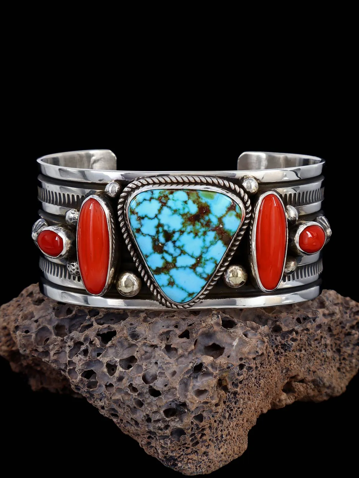 Native American Jewelry Coral and Kingman Turquoise Bracelet
