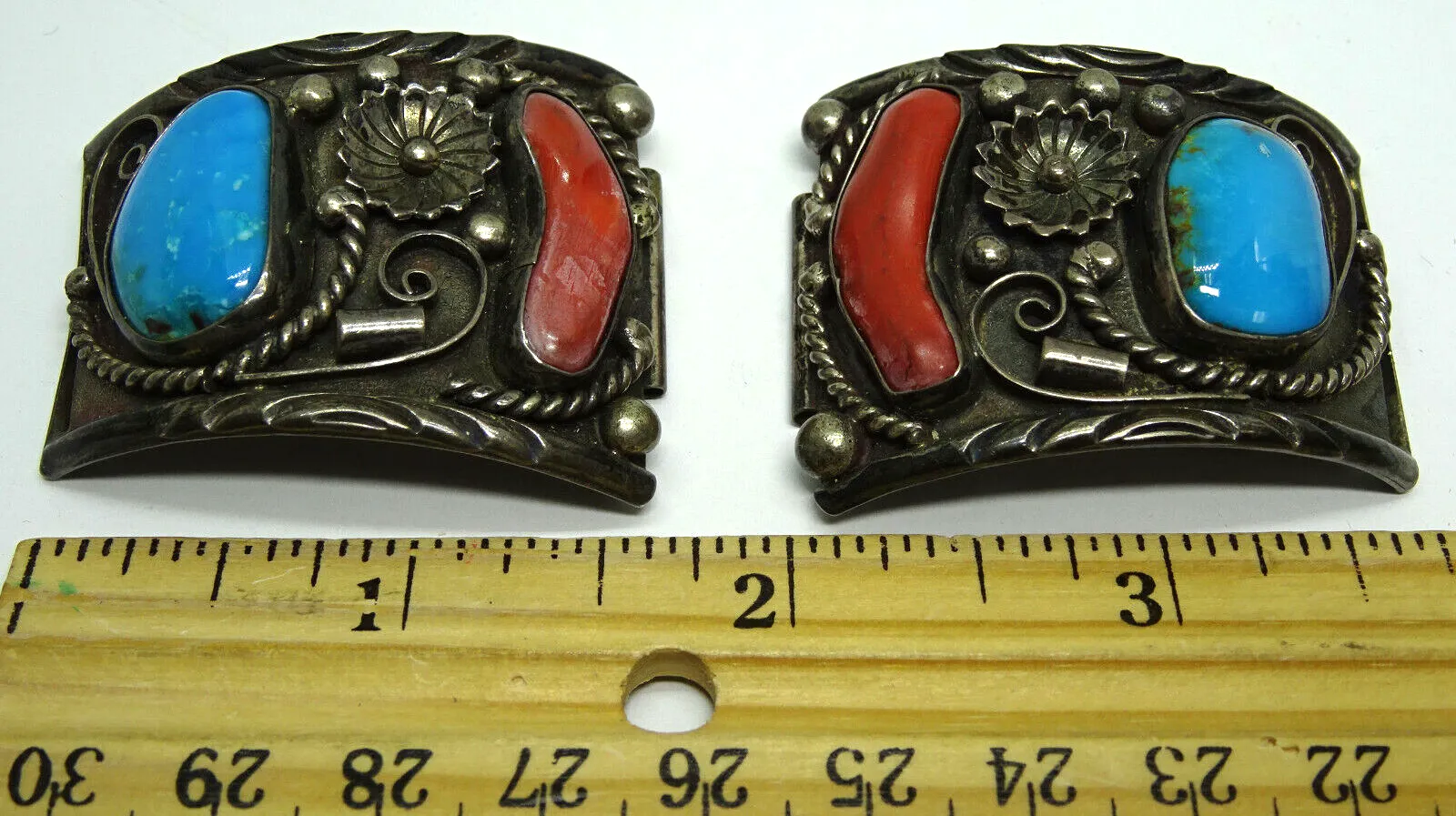 Native American Old Pawn Navajo Big Turquoise & Coral Sterling Watch Tips, 49.8g