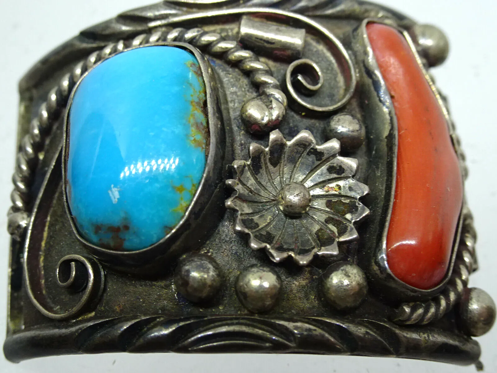 Native American Old Pawn Navajo Big Turquoise & Coral Sterling Watch Tips, 49.8g
