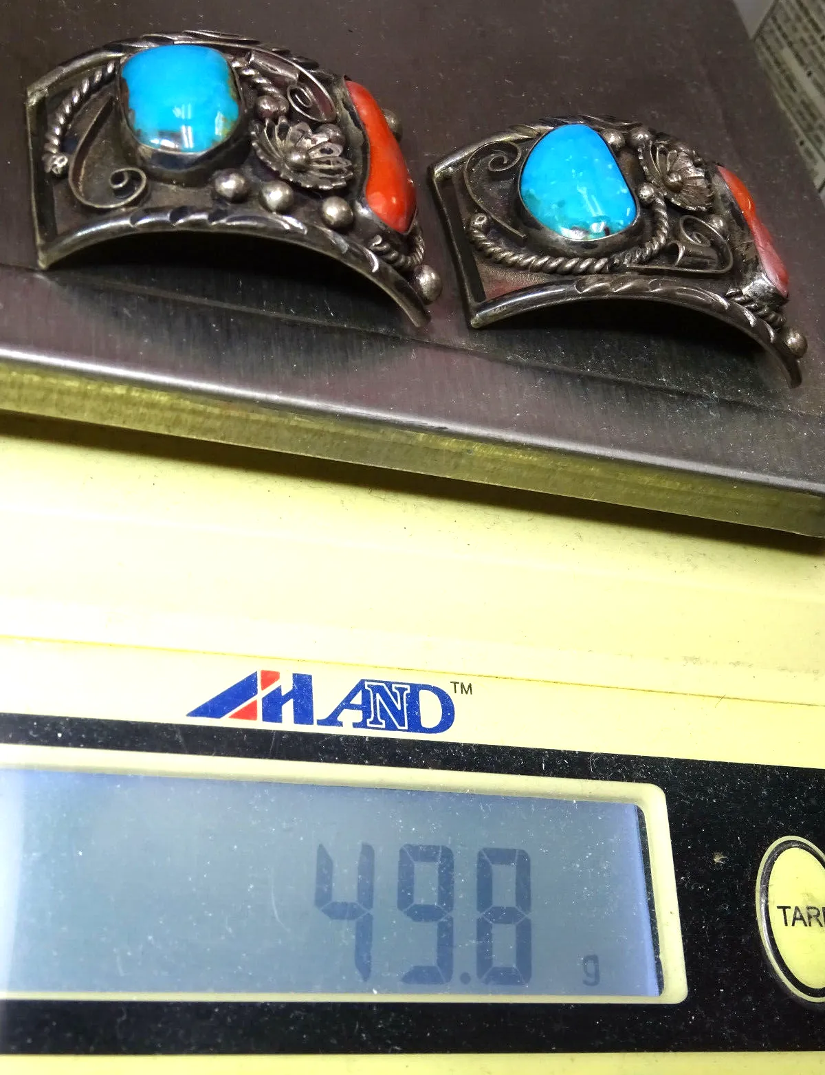 Native American Old Pawn Navajo Big Turquoise & Coral Sterling Watch Tips, 49.8g