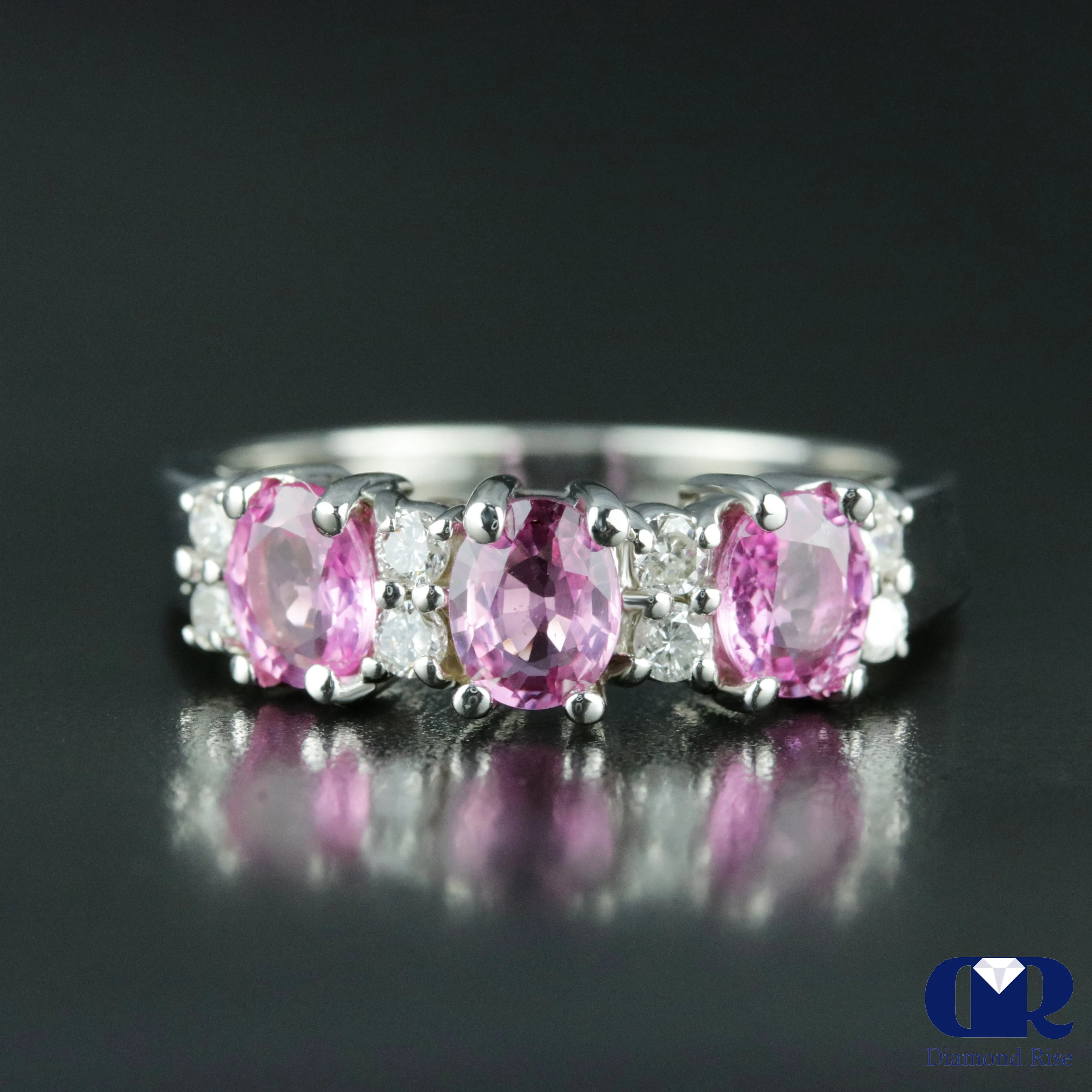 Natural 1.78 Ct Pink Sapphire & Diamond Anniversary Ring 14K White Gold
