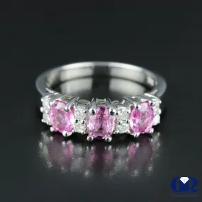 Natural 1.78 Ct Pink Sapphire & Diamond Anniversary Ring 14K White Gold