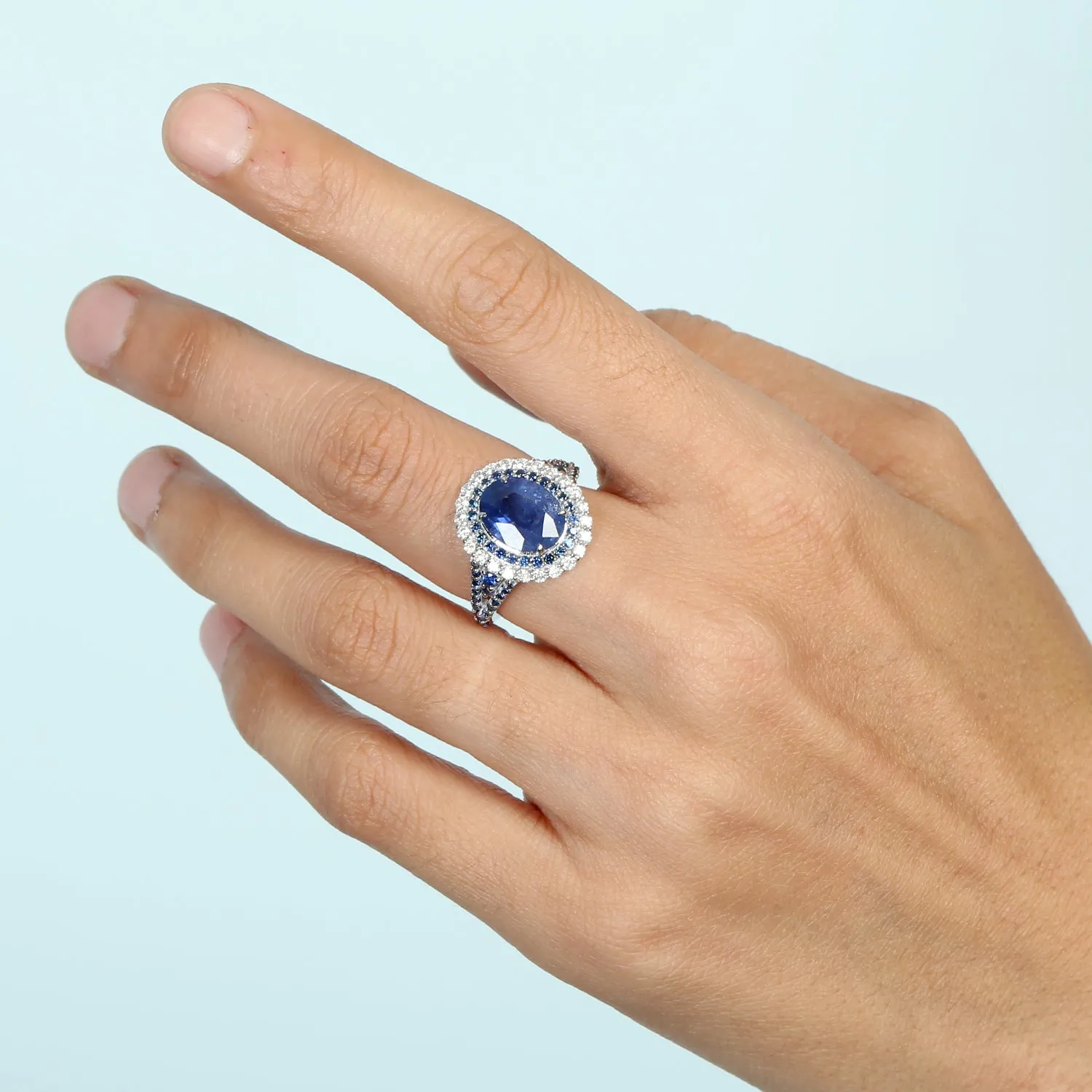 Natural Blue Sapphire Pave Diamond 18k White Gold Handmade Wedding Ring For Her