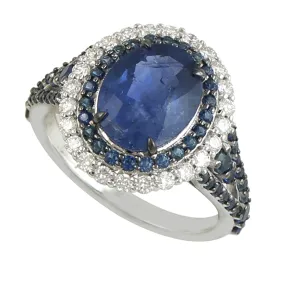 Natural Blue Sapphire Pave Diamond 18k White Gold Handmade Wedding Ring For Her