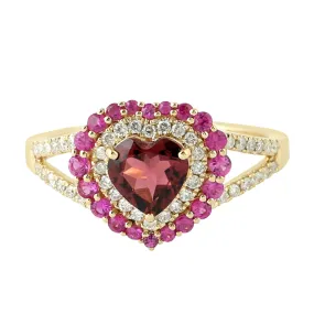 Natural Heart Shape Tourmaline Pink Sapphire Diamond Ring in 18k Yellow Gold