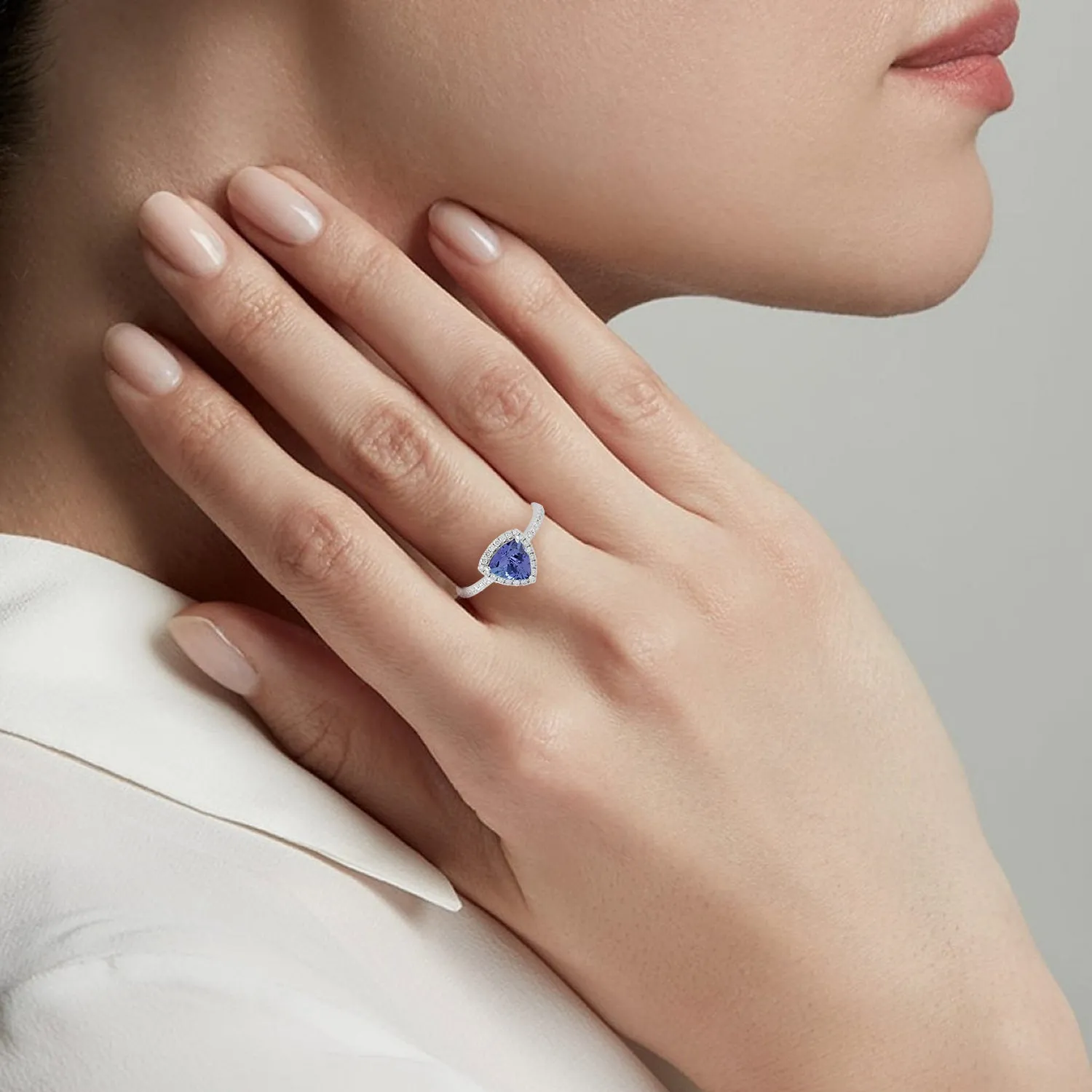 Natural Pave Diamond Trillion Tanzanite halo Ring In 14k White Gold For Women