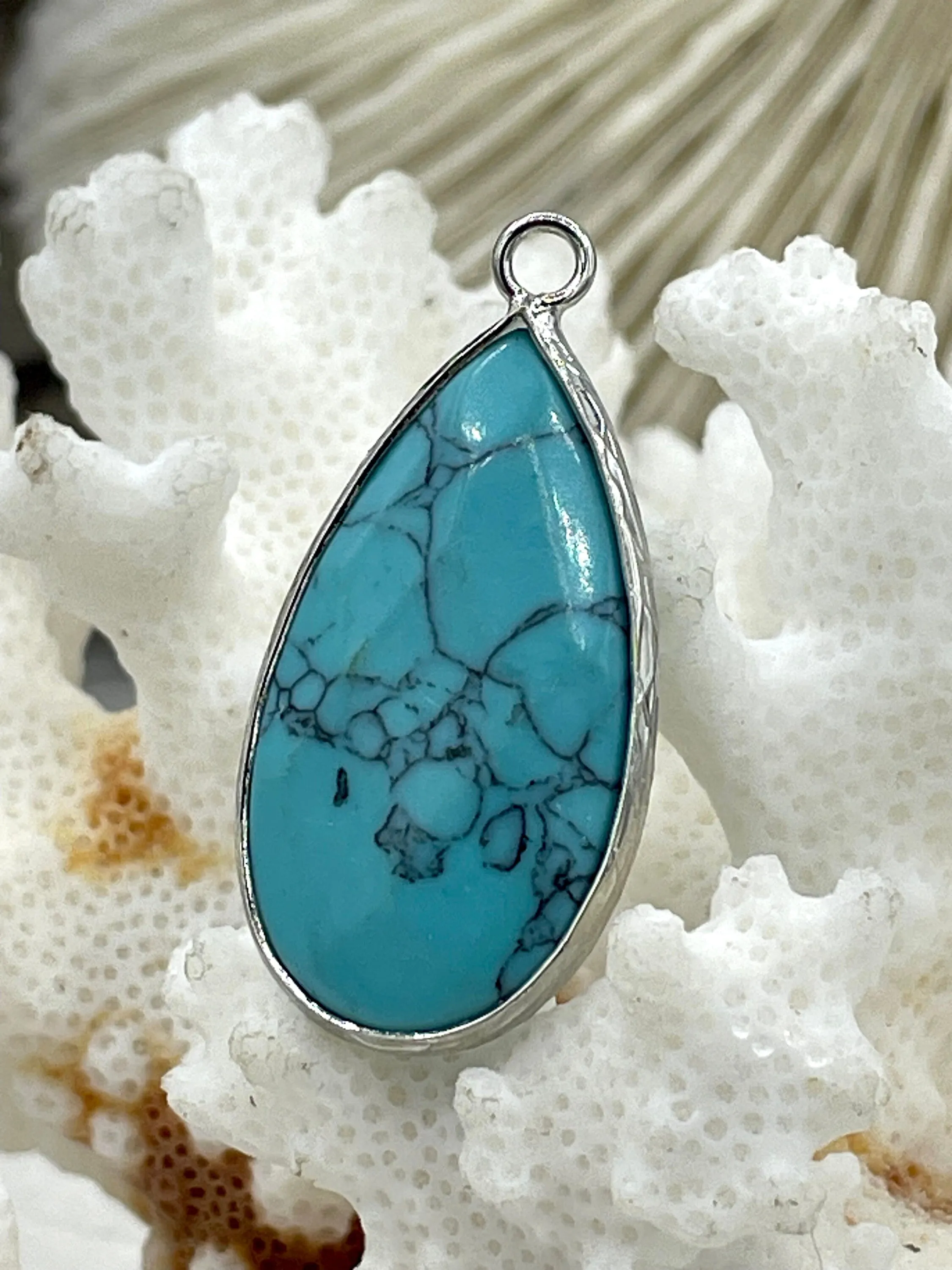 Natural Stone Teardrop Pendant with Wrapped Silver Bezel, Silver plated Brass Bezel, 3 Stone Colors to choose from, Stone Pendant, Fast Ship