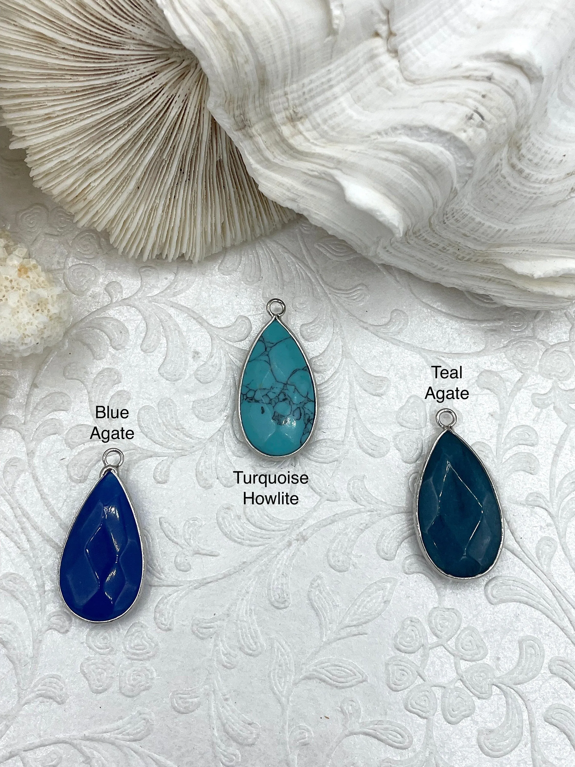 Natural Stone Teardrop Pendant with Wrapped Silver Bezel, Silver plated Brass Bezel, 3 Stone Colors to choose from, Stone Pendant, Fast Ship
