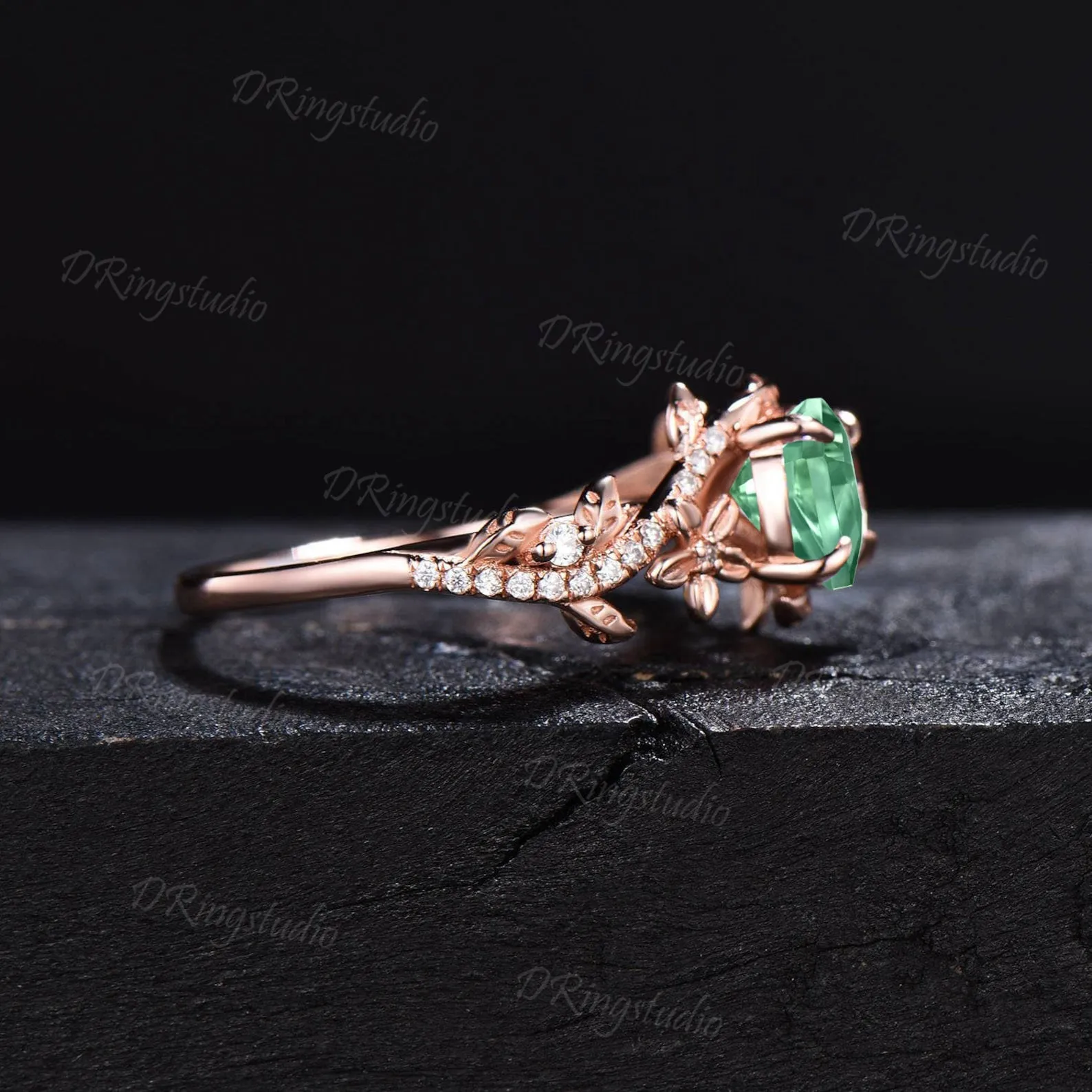 Nature Inspired Green Sapphire Ring Vintage Kite Sapphire Engagement Ring Flower Leaf Vine Moissanite Ring Dainty Wedding Ring Proposal Gift