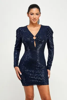 Navy Blue Long Sleeve Sequin Dress With Ring Detail