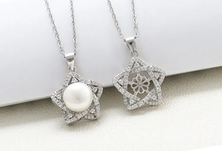 Necklace Pendant Blank Setting Star Charm 24mm Sterling Silver White Gold Fine 925 For One Pearl Prong DIY Jewelry Finding Wholesale 1pc