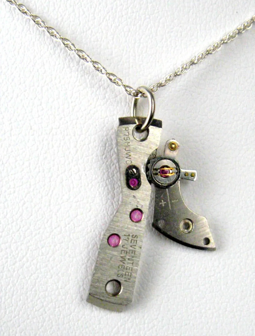 Necklace Steampunk Waltham Watch Parts Rubies Sterling Silver Chain 1970s Upcycled