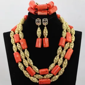 Nigerian Coral Beads with Dubai Gold plated Embellishment Bridal Wedding Party Set