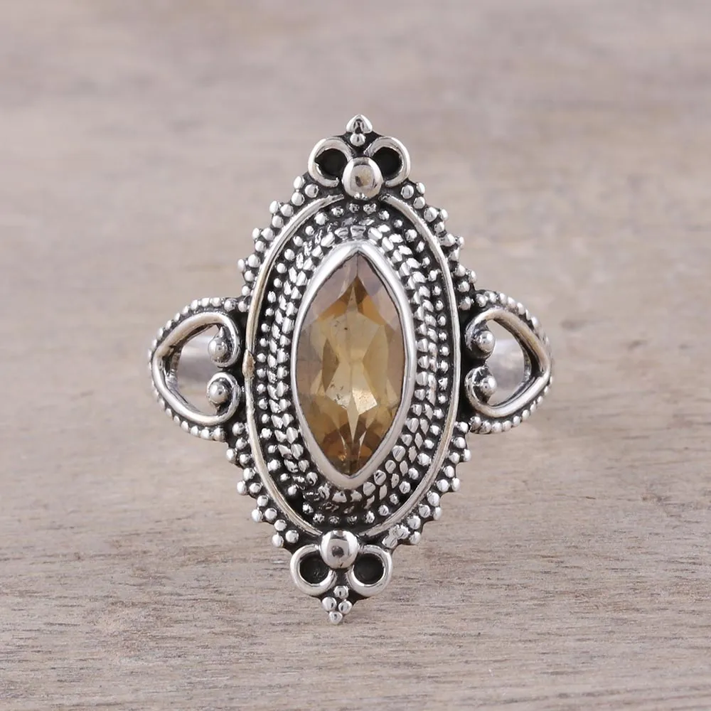 Ornate Sterling Silver and Yellow Citrine Cocktail Ring - Sunny Majesty | NOVICA