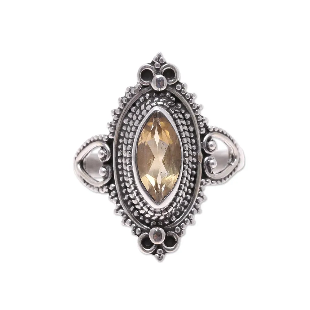 Ornate Sterling Silver and Yellow Citrine Cocktail Ring - Sunny Majesty | NOVICA